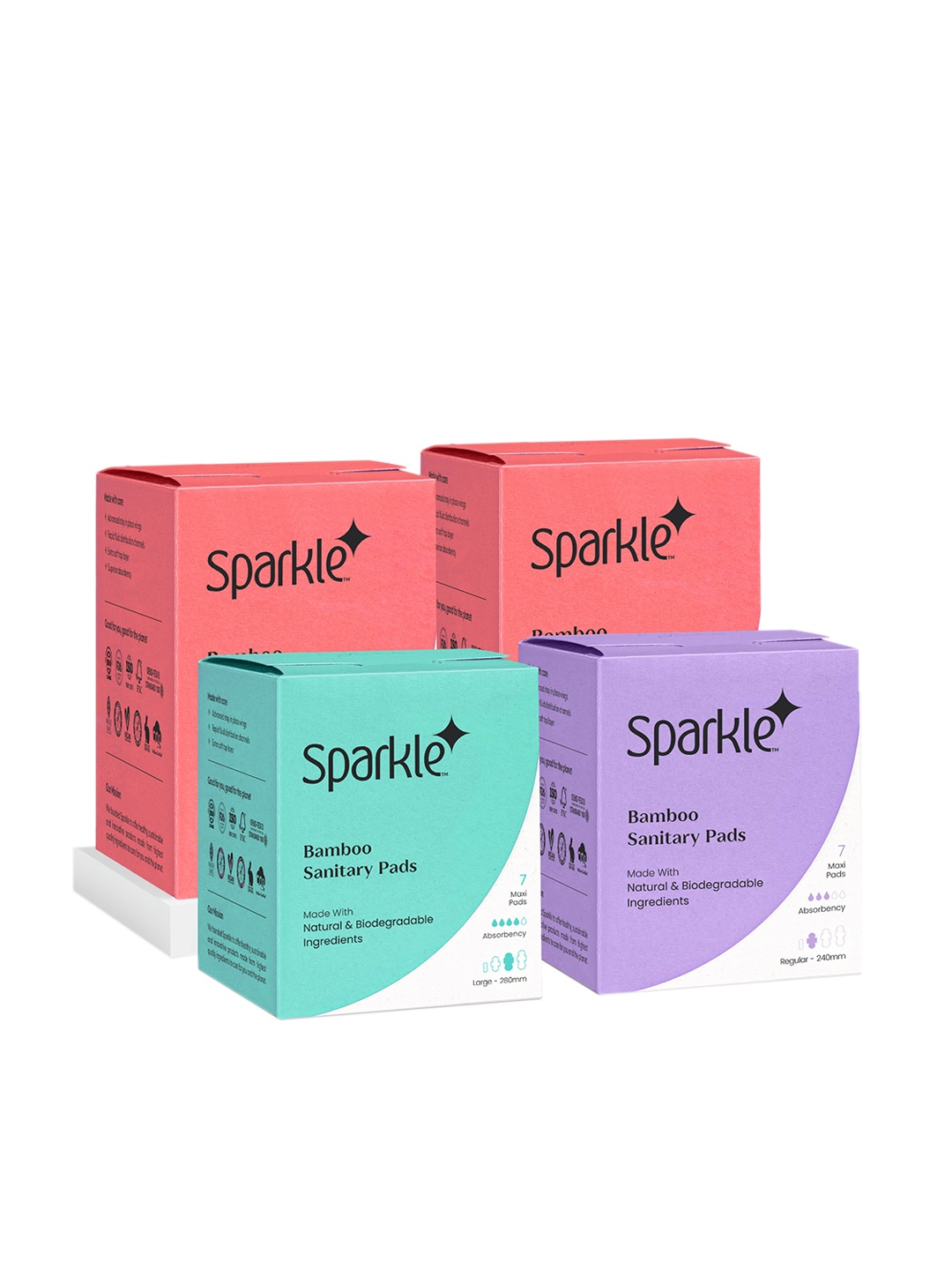 

Sparkle Set of 4 Vegan Bamboo Sanitary Pads 7 Pcs Each - 2 Overnight + 1 Large + 1 Regular, Pink
