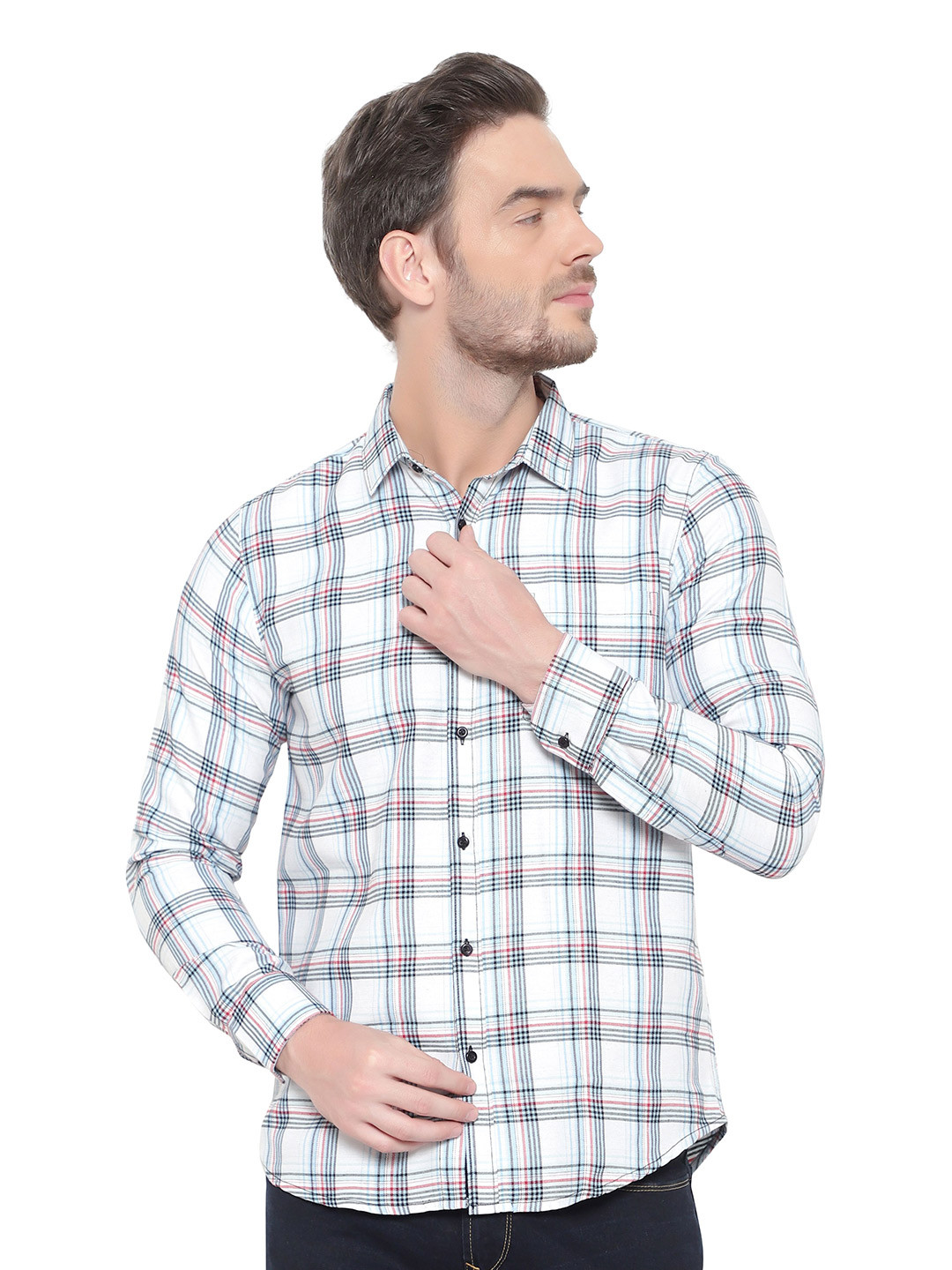

BAWERIN Men White Original Tartan Checks Sheer Checked Casual Shirt