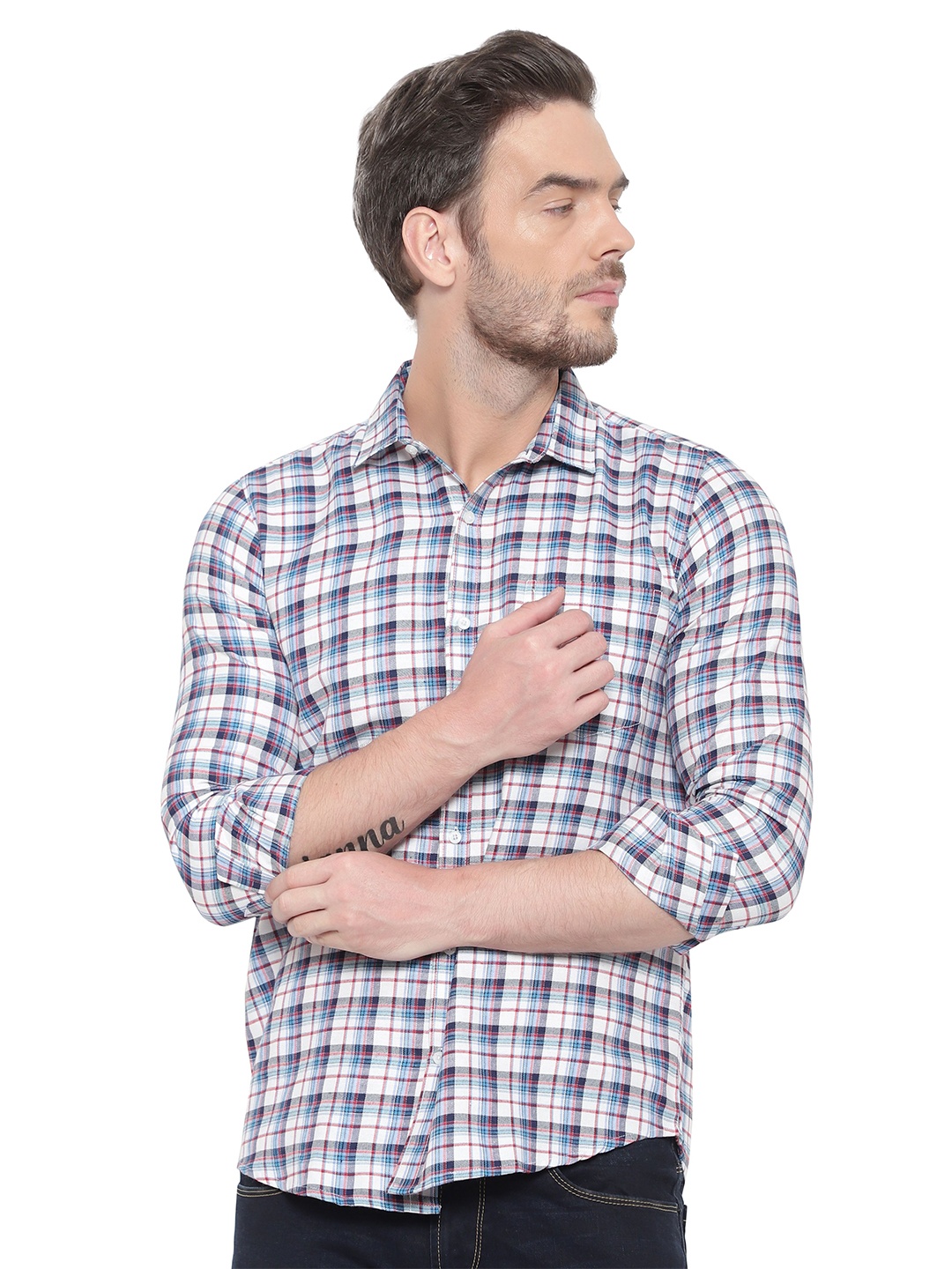 

BAWERIN Men White Original Tartan Checks Sheer Checked Casual Shirt