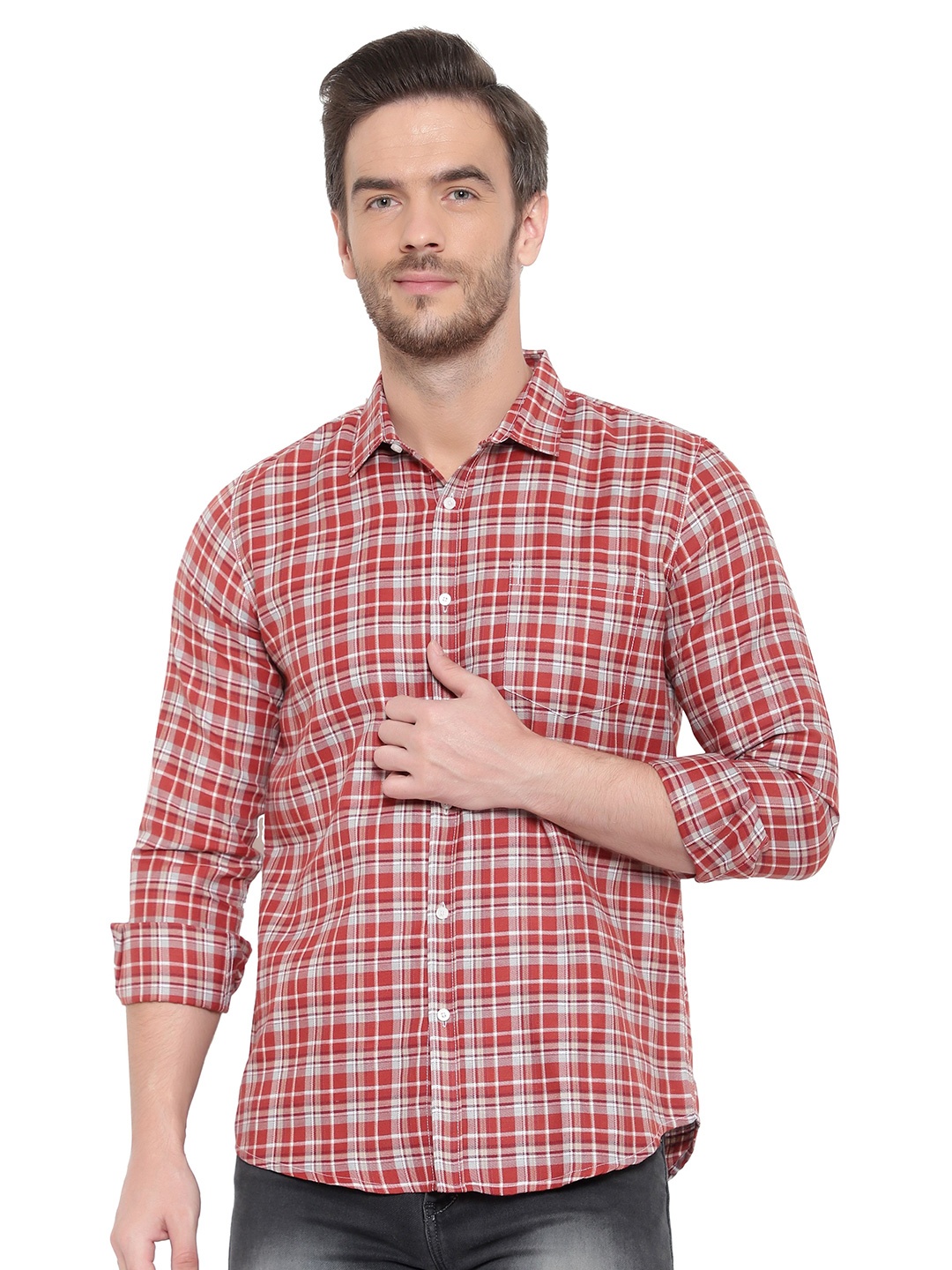 

BAWERIN Men Red Original Sheer Checked Casual Shirt