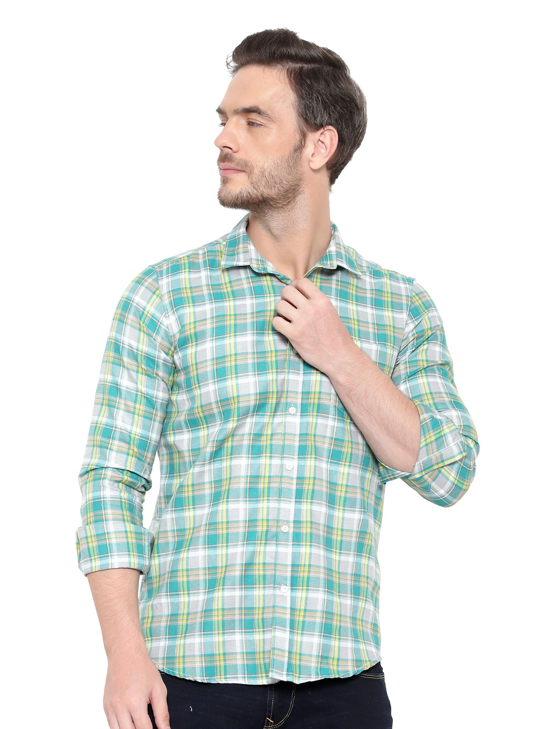 

BAWERIN Men Green Original Sheer Checked Casual Shirt