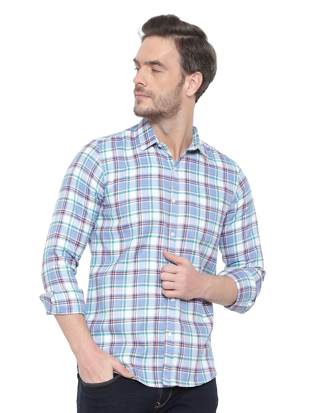 

BAWERIN Men White Original Tartan Checks Sheer Checked Casual Shirt