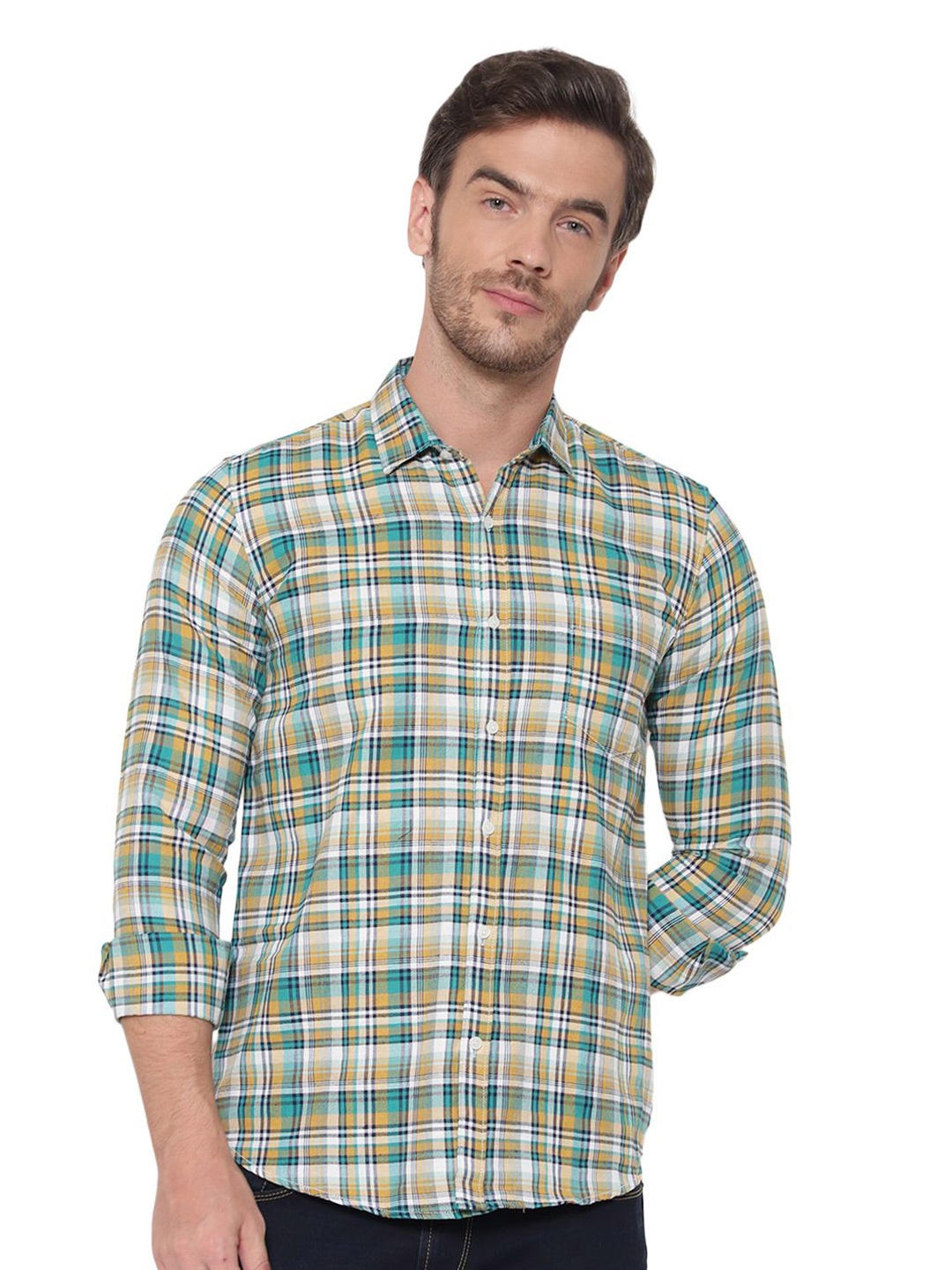 

BAWERIN Men Green Original Tartan Checks Sheer Checked Casual Shirt