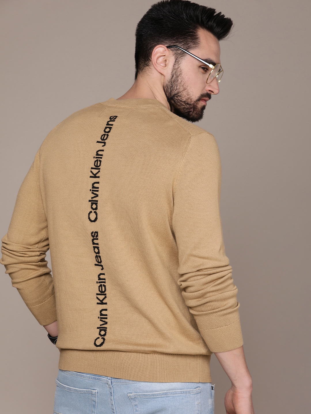 

Calvin Klein Jeans Men Beige Pure Cotton Pullover with Brand Logo Embroidered Detail