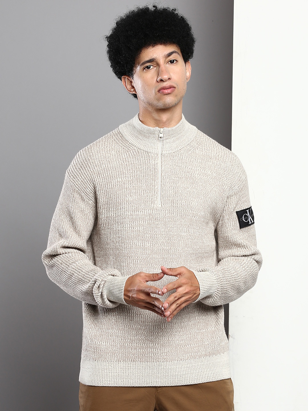 

Calvin Klein Jeans Men Beige Self Design Open-Knit Pullover Sweater