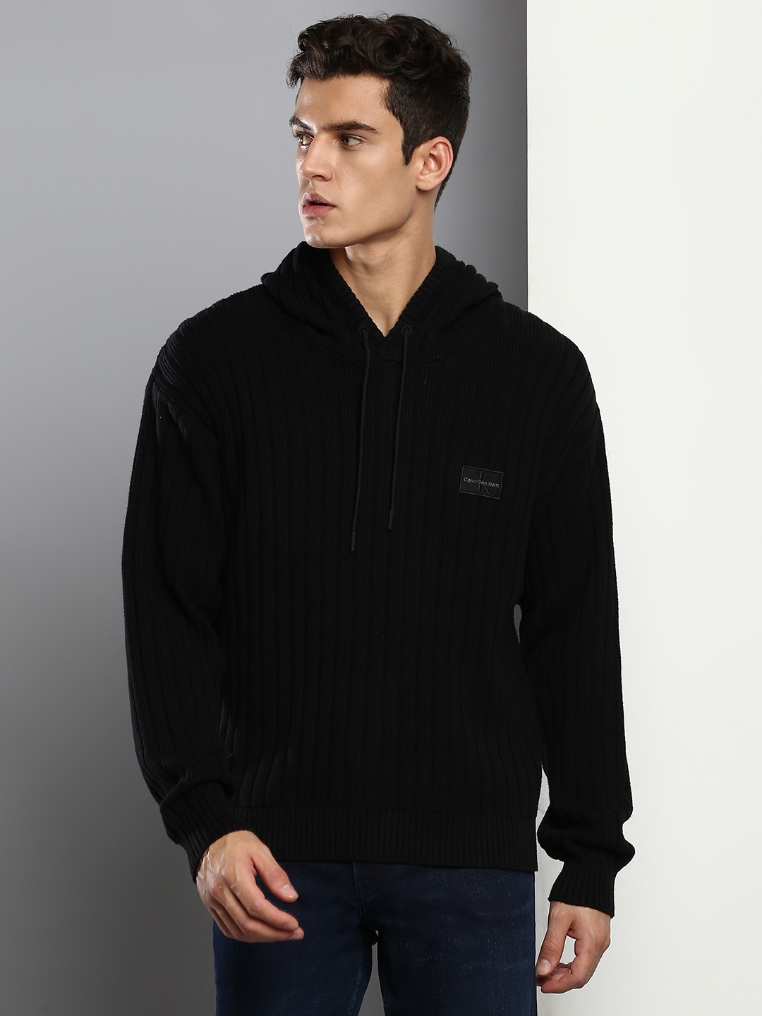 

Calvin Klein Jeans Men Black Ribbed Hooded Pullover Sweater