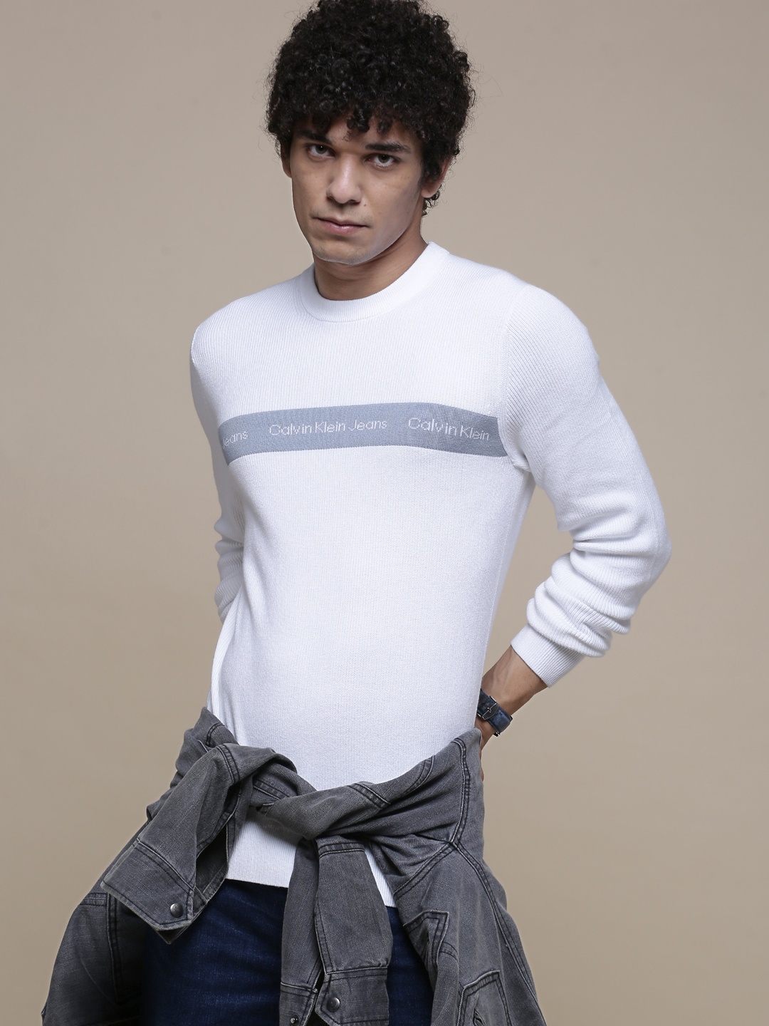 

Calvin Klein Jeans Men White & Grey Brand Logo Printed Pullover Sweater