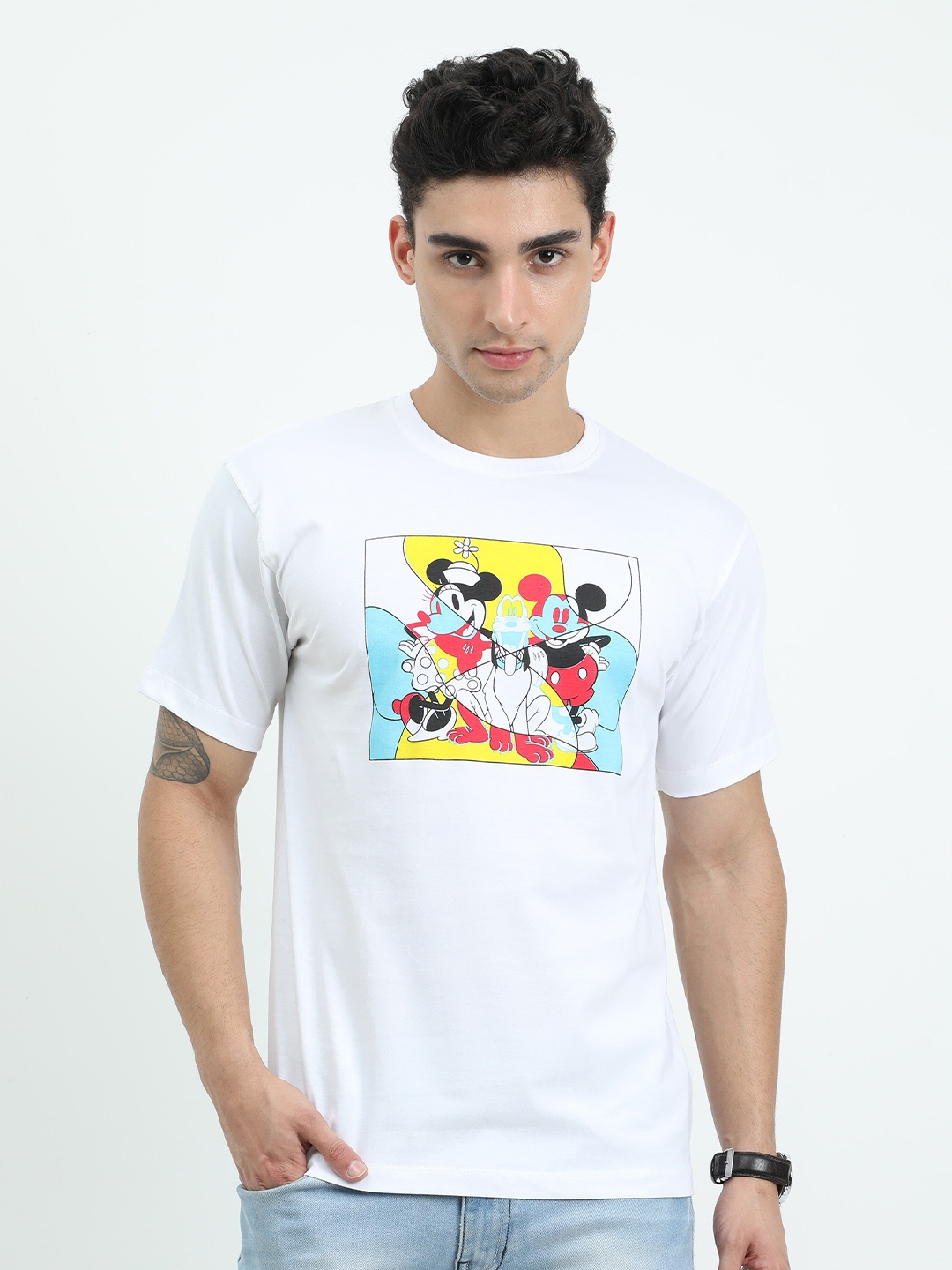 

COOFT Men White Typography Mickey Mouse Printed Pure Cotton Applique T-shirt