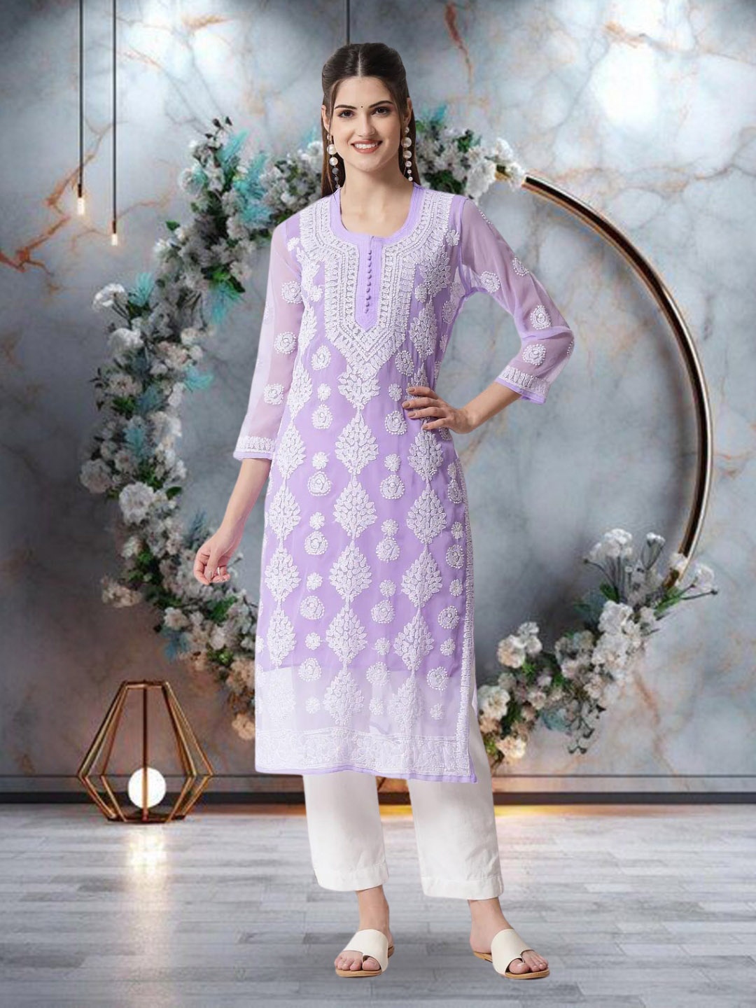 

PARAMOUNT CHIKAN Women Mauve Ethnic Motifs Embroidered Chikankari Floral Georgette Kurta