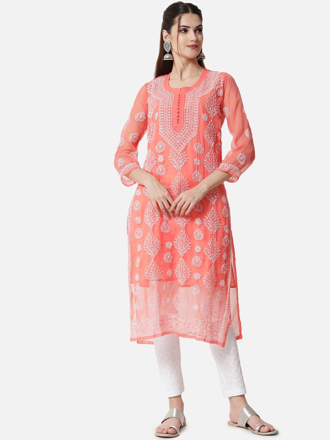 

PARAMOUNT CHIKAN Women Coral Chikankari Round Neck Georgette Kurta