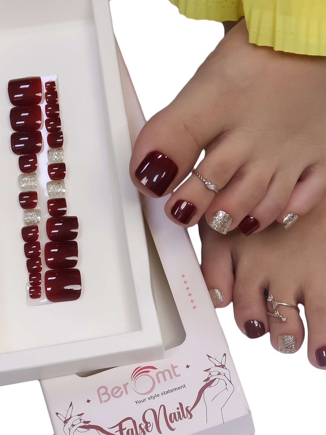 

BEROMT 24 Pcs Long-Lasting Reusable Salon Finish Press On Toe Nails - Shade 249, Red