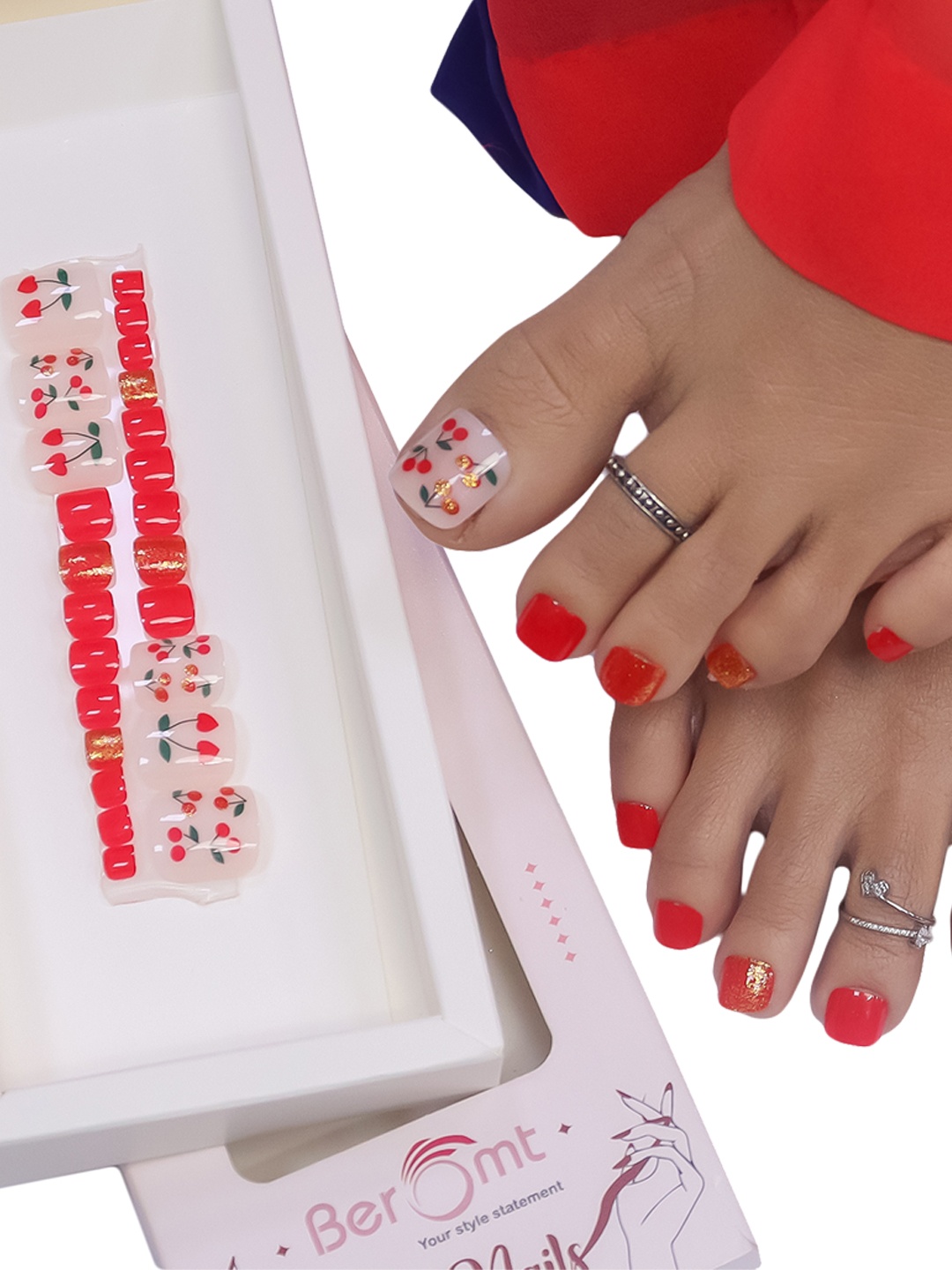 

BEROMT 24 Pcs Long-Lasting Reusable Salon Finish Press On Toe Nails - Shade 252, Red