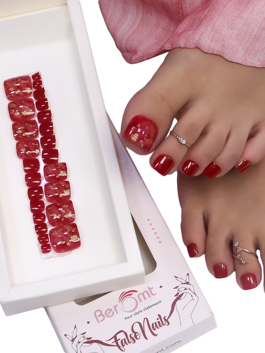 

BEROMT 24 Pcs Long-Lasting Reusable Salon Finish Press On Toe Nails - Shade 243, Red