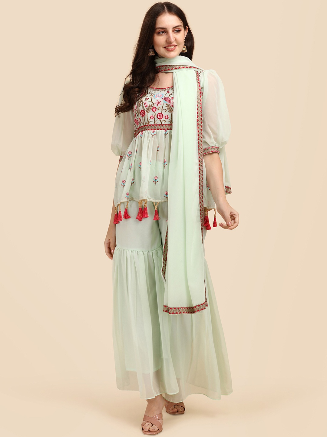 Virah Fashion Women Green Floral Embroidered Panelled Thread Work Kurti with Skirt & With Dupatta