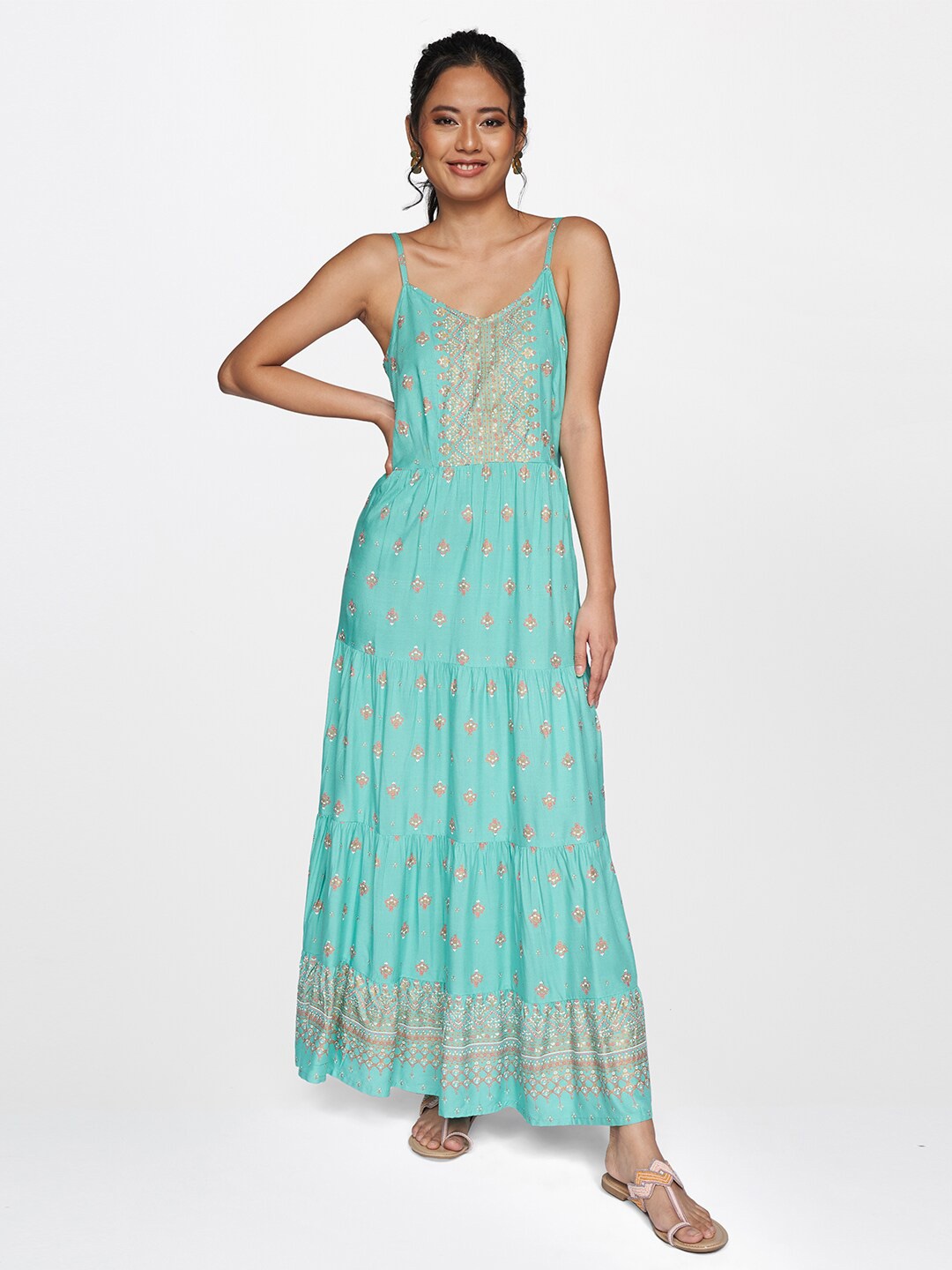 

Global Desi Blue Floral A-Line Dress
