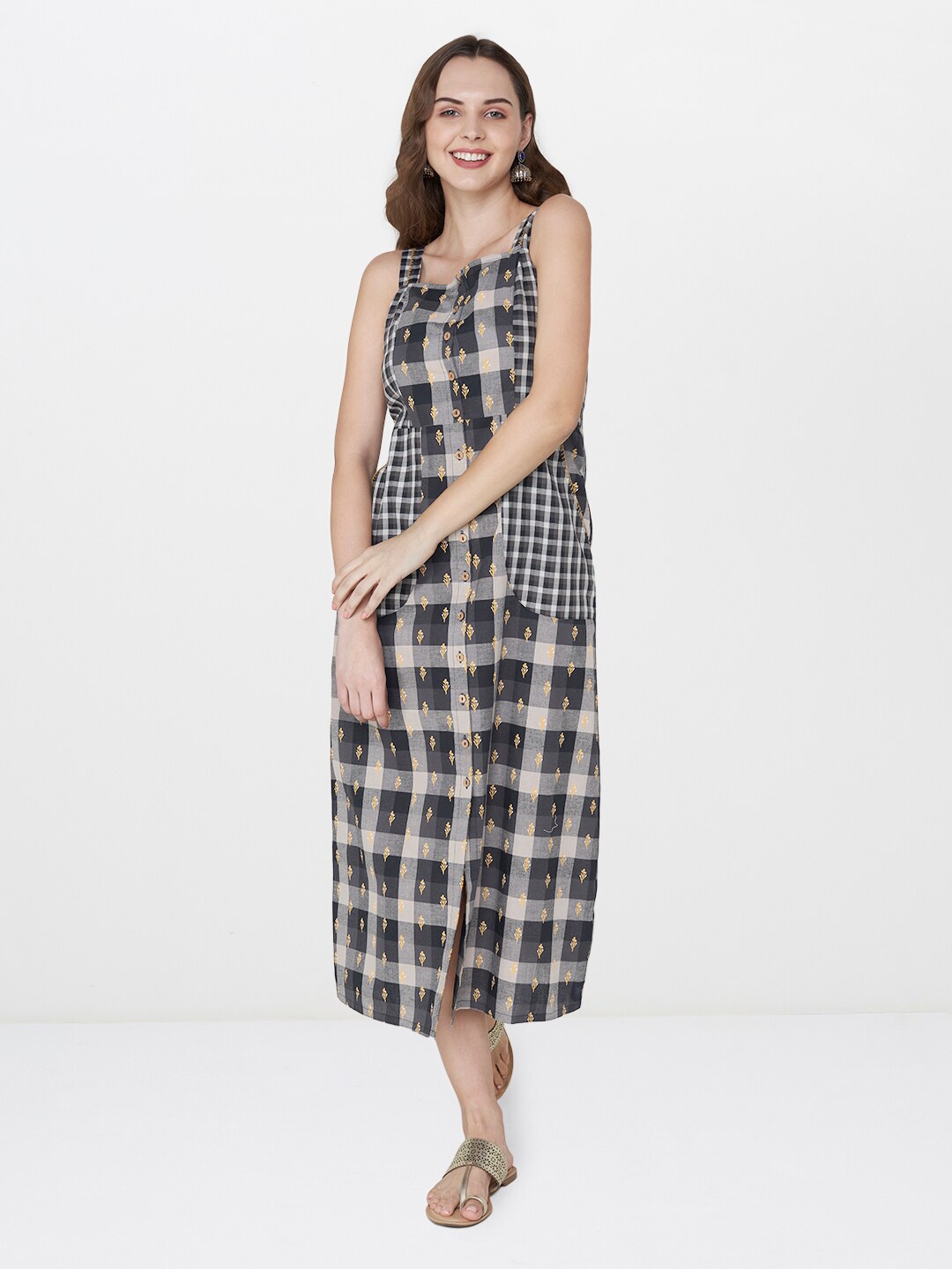 

Global Desi Black Checked Halter Neck A-Line Midi Dress