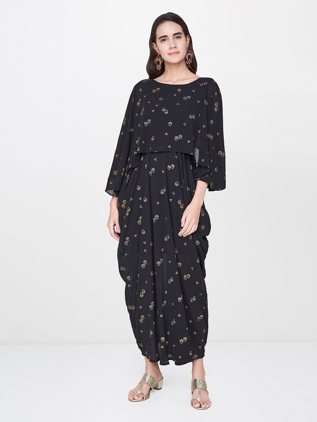

Global Desi Black Floral A-Line Maxi Dress