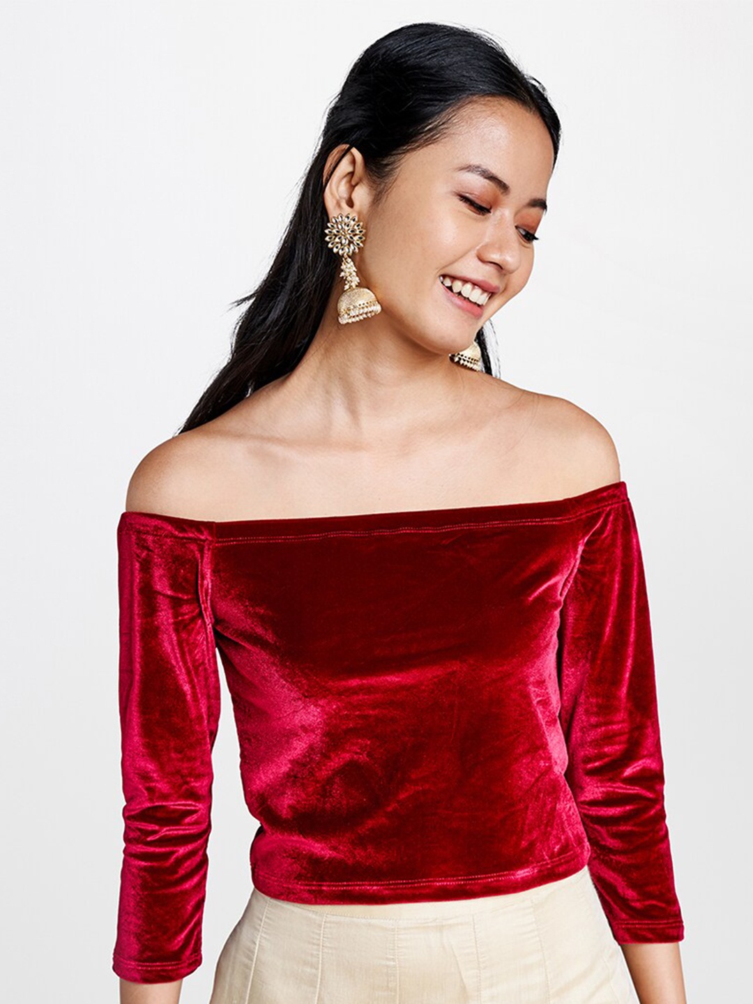 

Global Desi Red Off-Shoulder Bardot Top