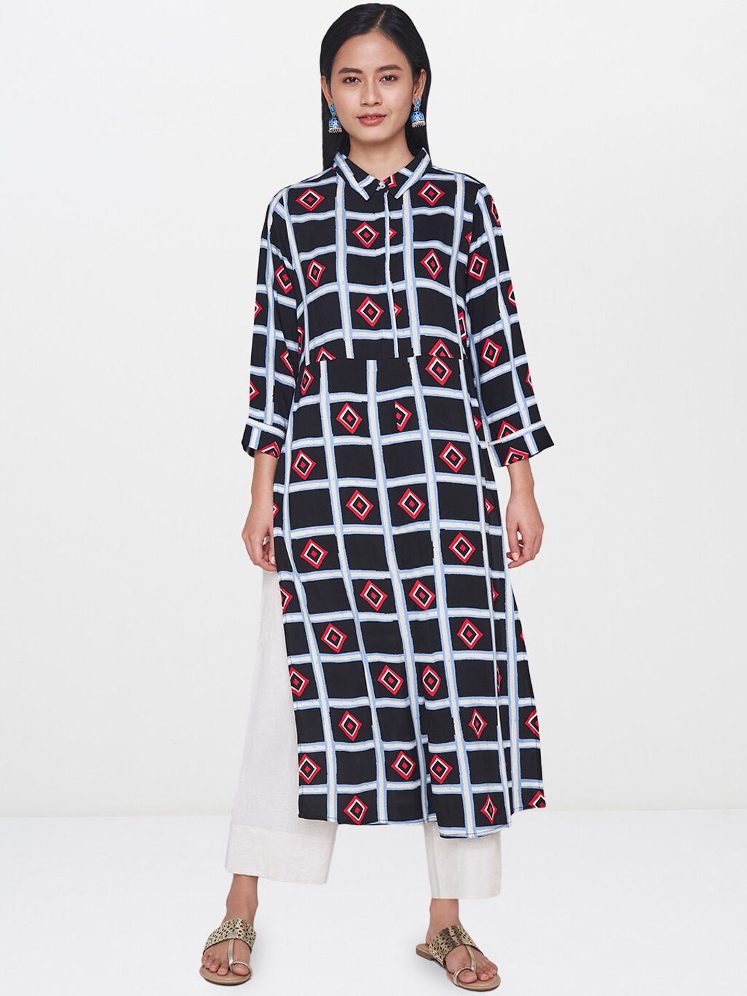 

Global Desi Women Black Checked Flared Sleeves Thread Work Kurta