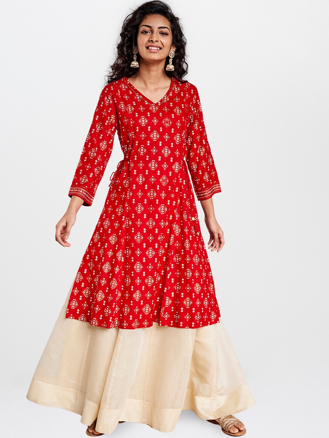 

Global Desi Women Red Geometric Mirror Work Kurta