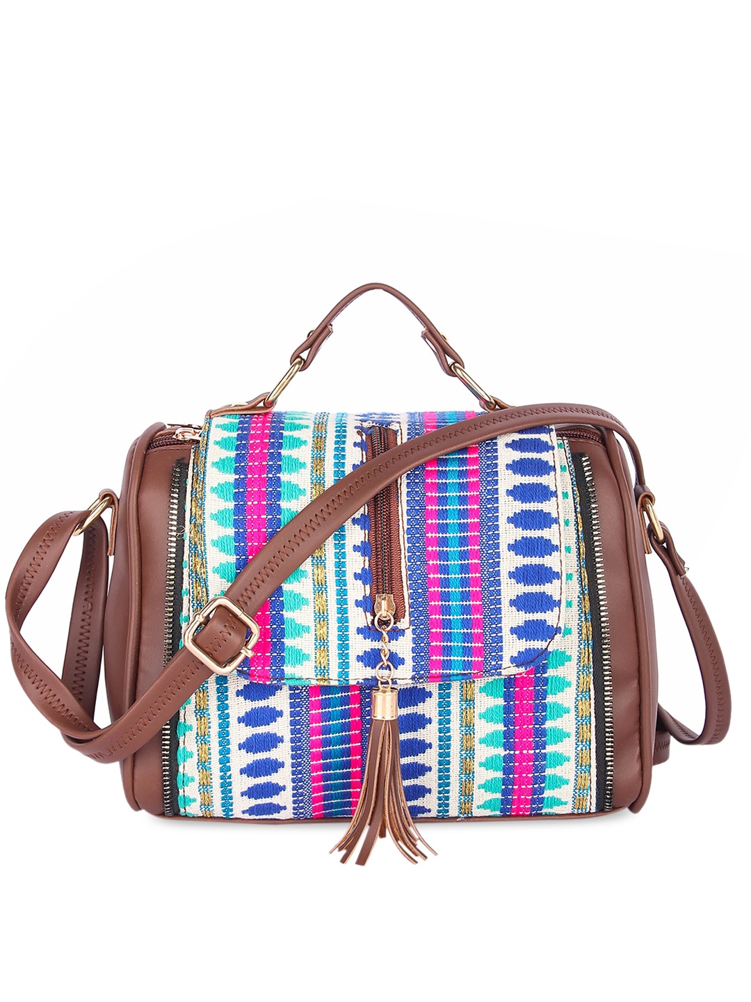 

Leather Retail Coffee Brown Geometric PU Structured Sling Bag with Tasselled