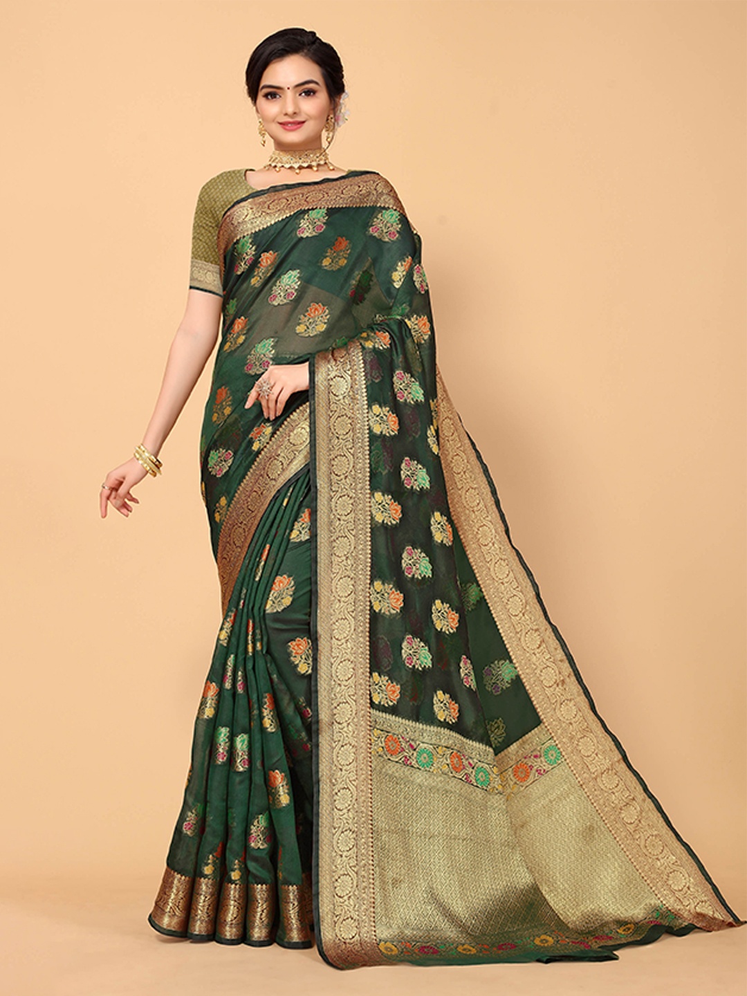 

all about you Green & Pink Woven Design Silk Saree