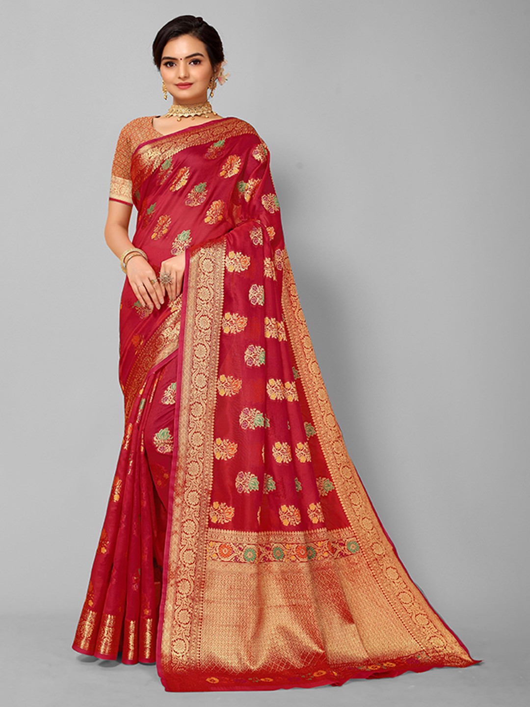 

Mitera Maroon & Gold-Toned Woven Design Organza Saree