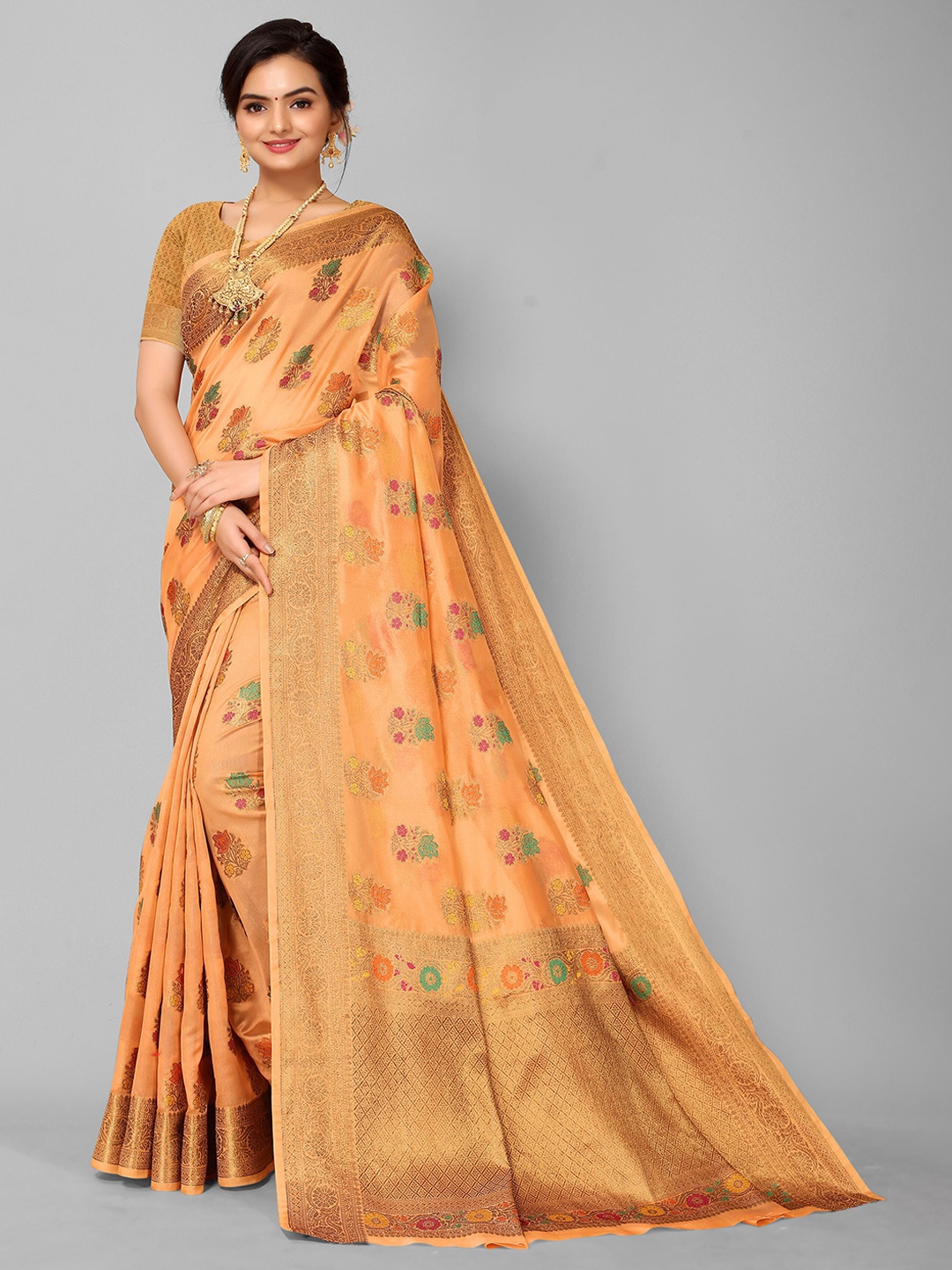 

Mitera Peach-Coloured & Green Woven Design Zari Organza Saree
