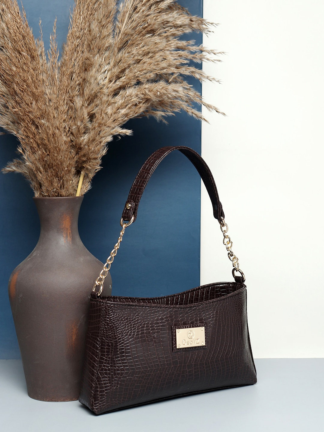 

OsaiZ Brown PU Structured Handheld Bag with Applique