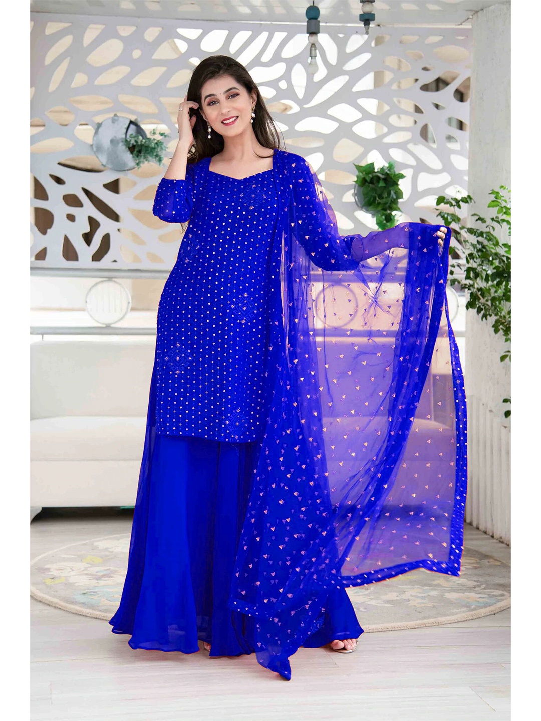 

Fashionuma Blue Embroidered Semi-Stitched Dress Material