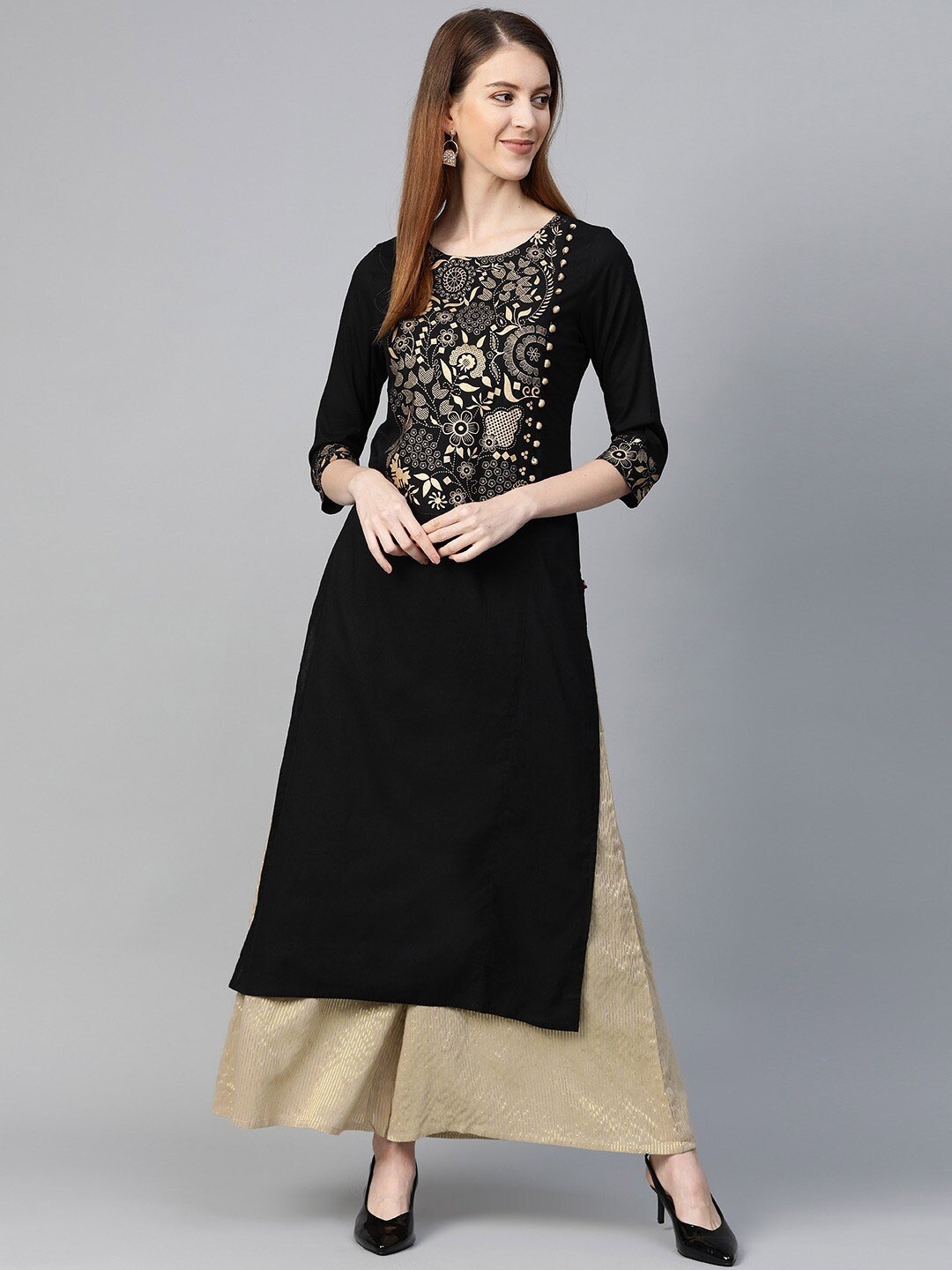 

KSUT Women Black Yoke Design Keyhole Neck Thread Work Pathani Kurta