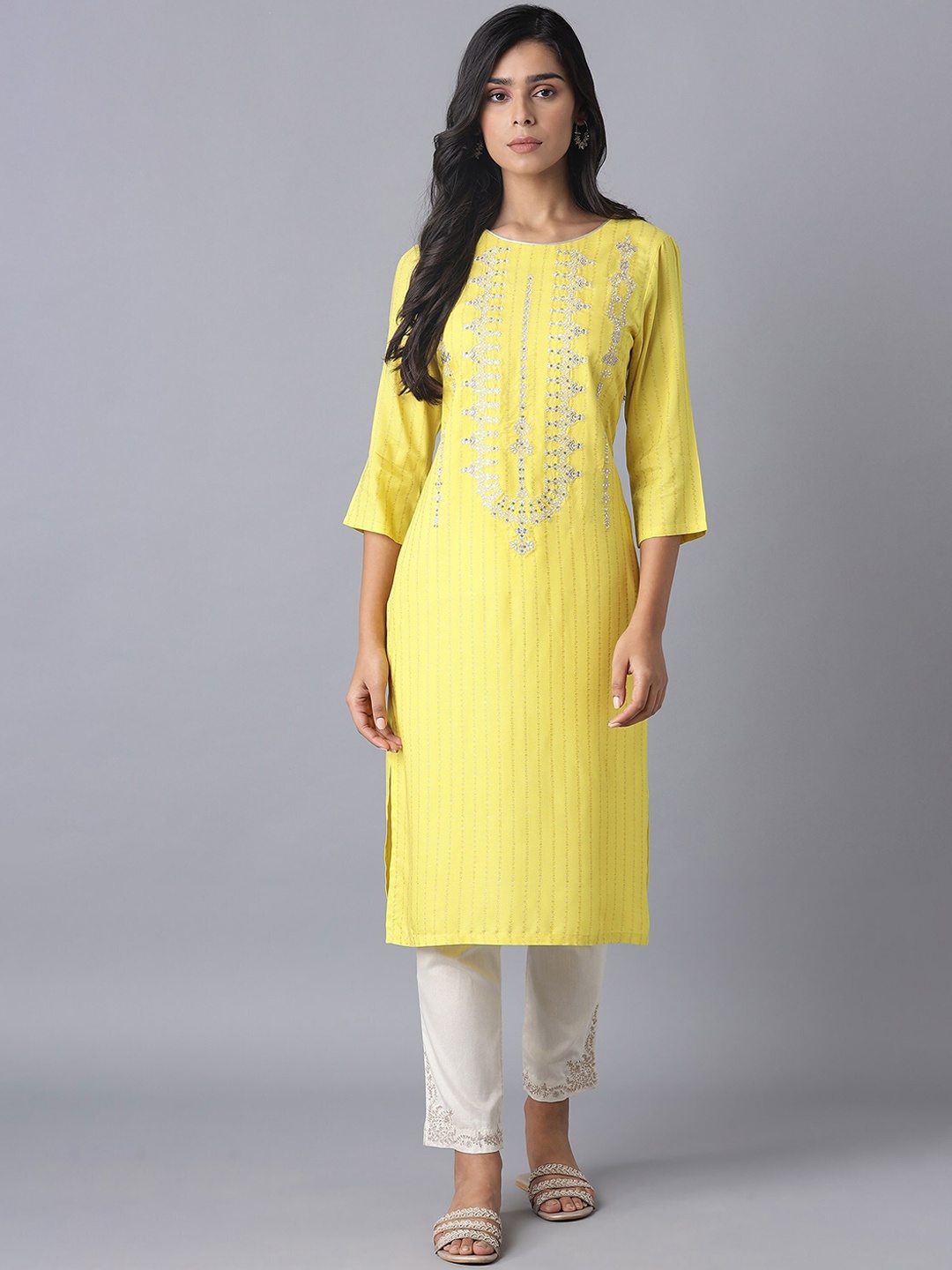 

W Women Yellow Embroidered Flared Sleeves Thread Work Kurta