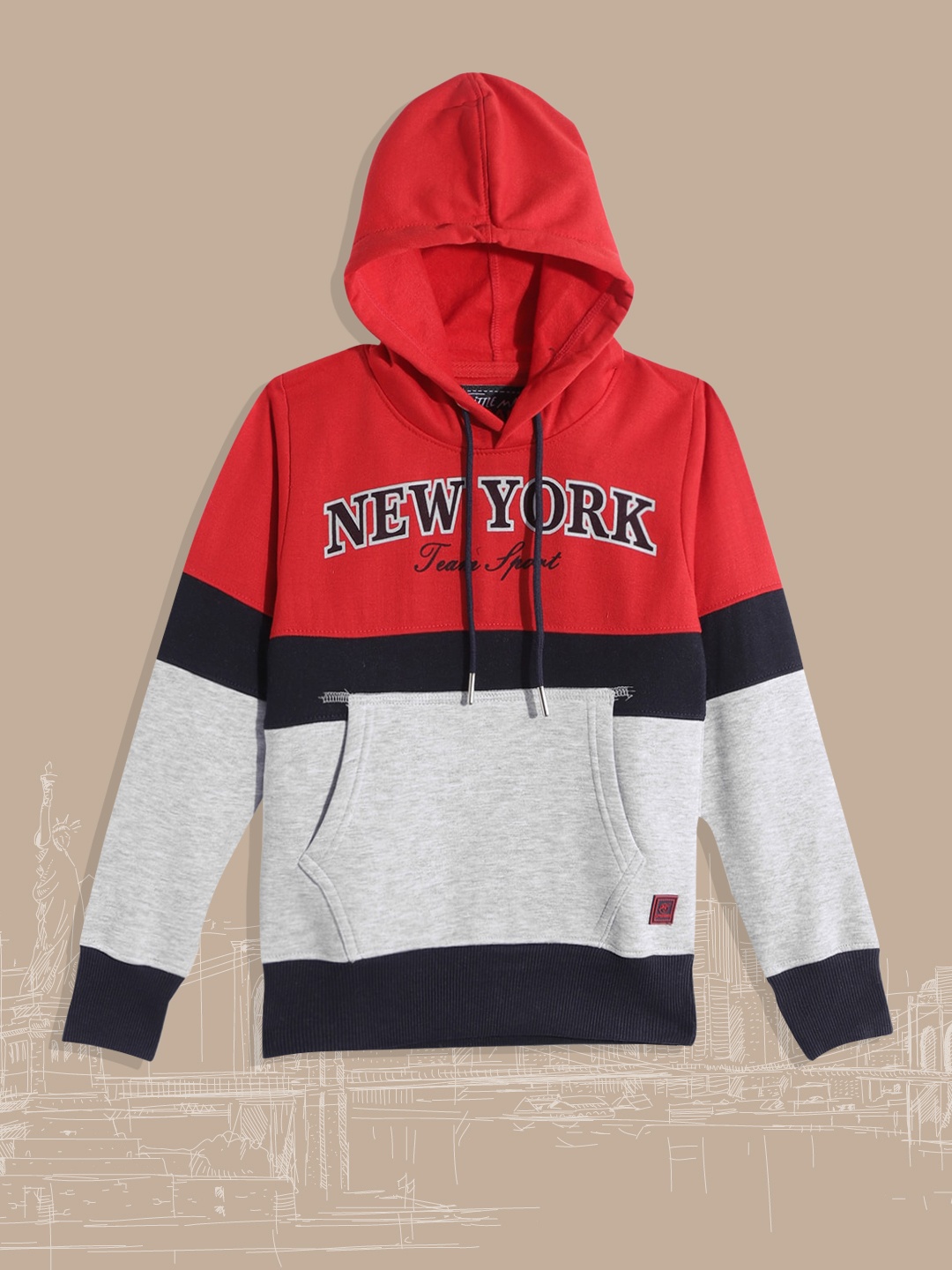 

Little Marco Boys Red & Grey Melange Colourblocked & Typography Print Hooded Sweatshirt
