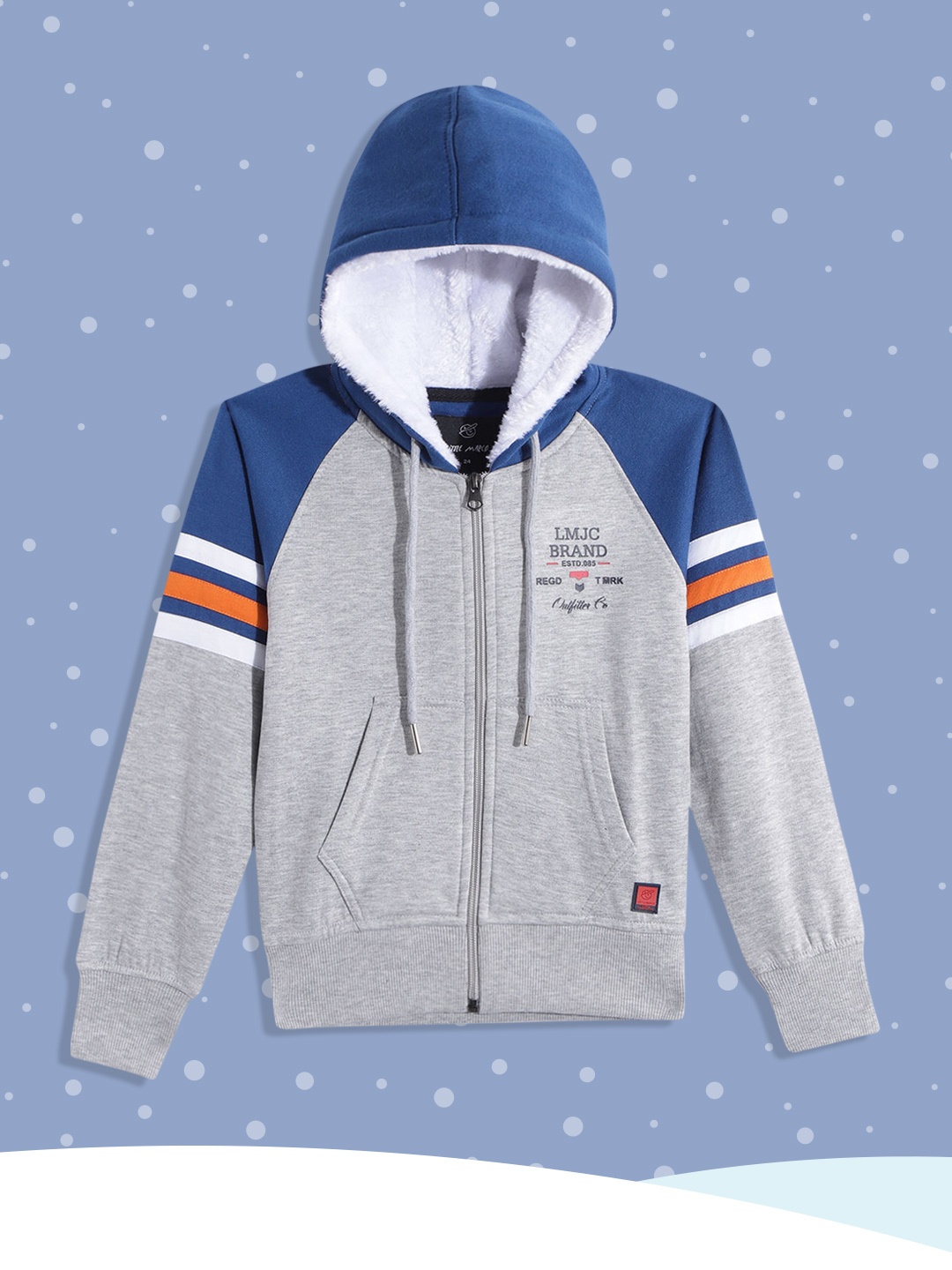 

Little Marco Boys Grey Melange & Navy Blue Solid Faux Fur Lined Hooded Sweatshirt