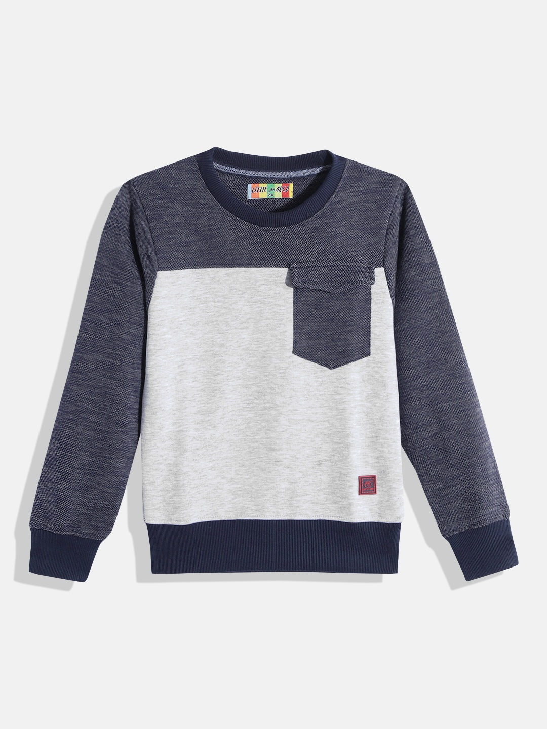 

Little Marco Boys Grey Melange & Navy Blue Colourblocked Oversized Flap Pocket Sweatshirt