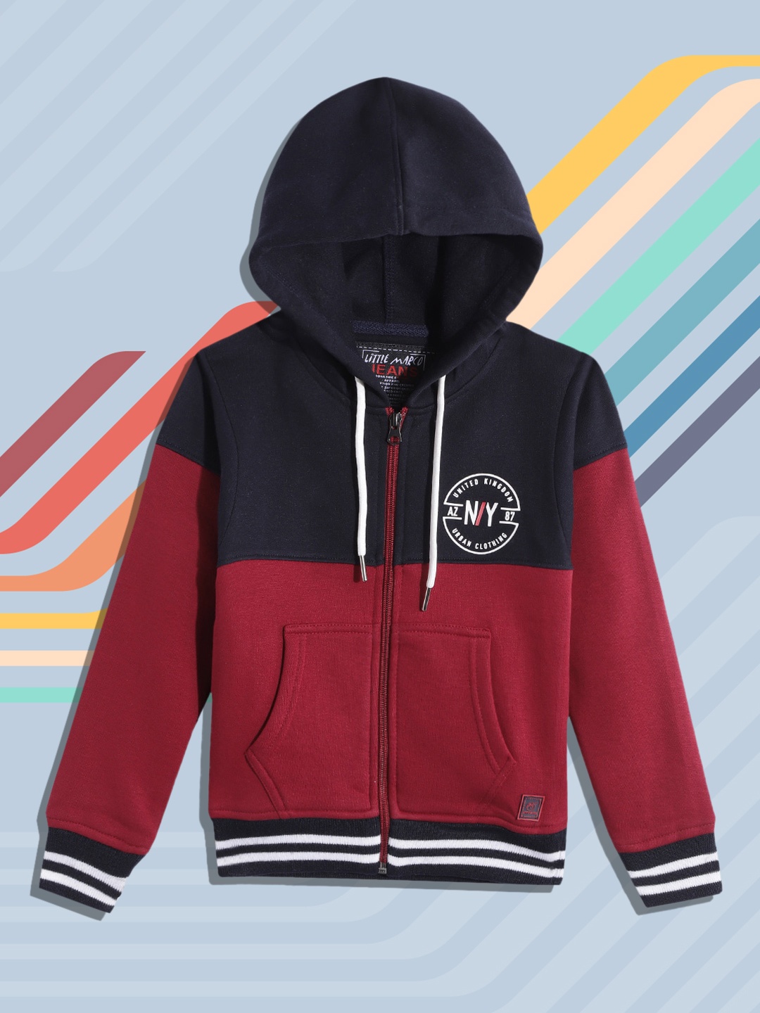 

Little Marco Boys Maroon & Navy Blue Colourblocked Hooded Sweatshirt