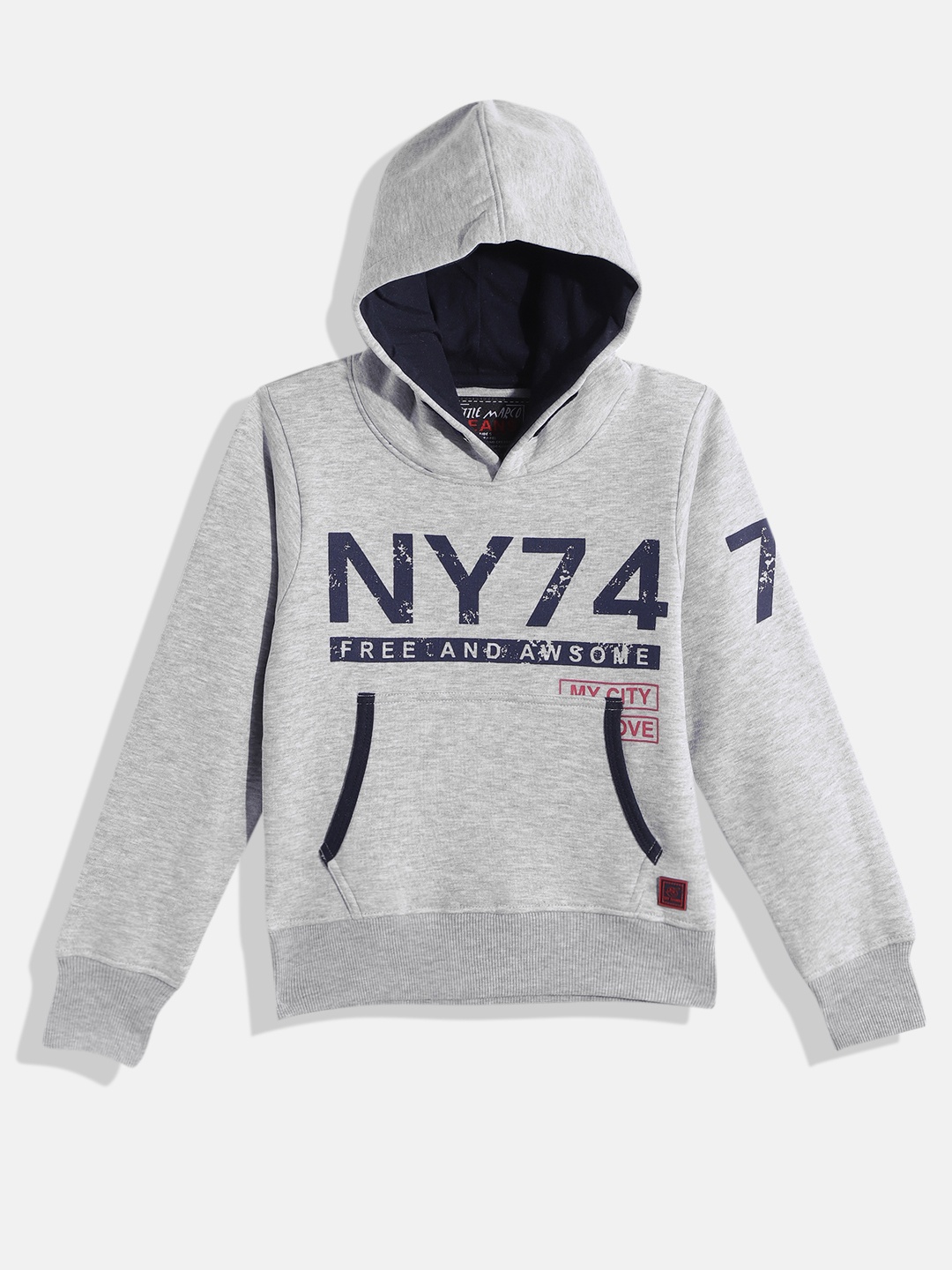 

Little Marco Boys Grey Melange & Navy Blue Typography Printed Hooded Sweatshirt