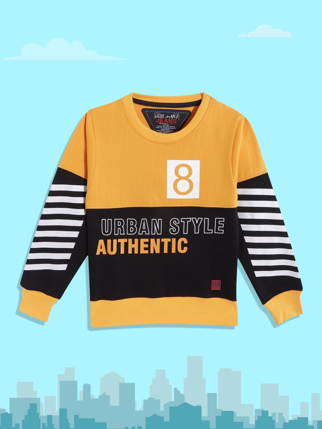 

Little Marco Boys Mustard Yellow & Black Colourblocked & Printed Sweatshirt