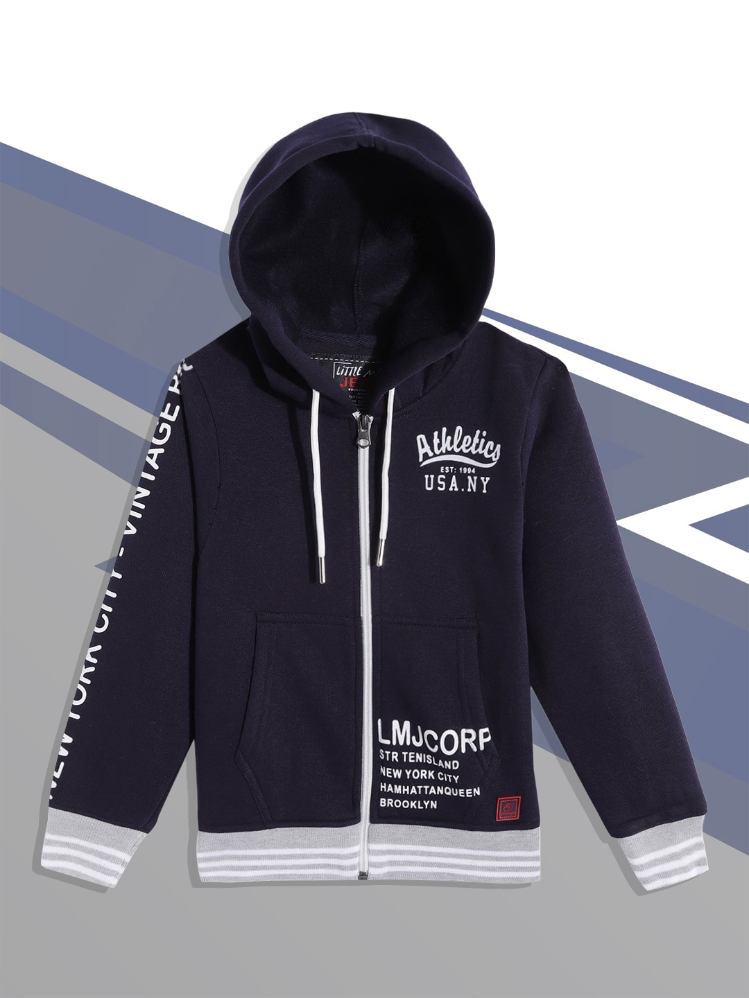

Little Marco Boys Navy Blue & White Printed Hooded Sweatshirt
