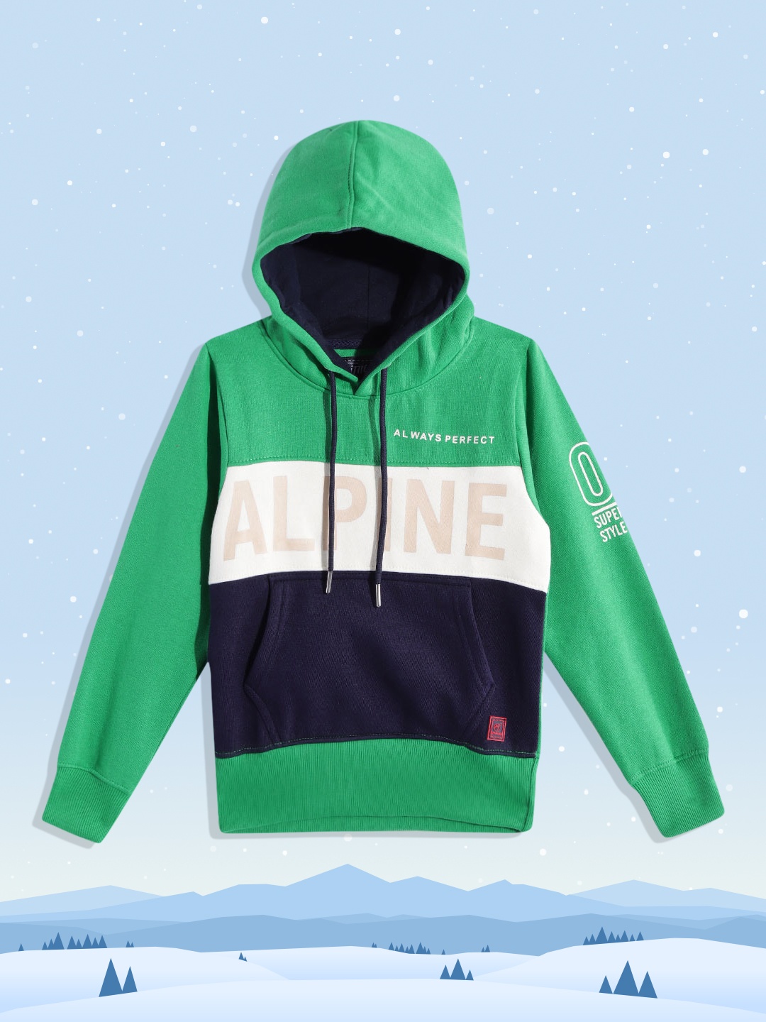 

Little Marco Boys Green & navy Blue Colourblocked Hooded Sweatshirt with Typography Print