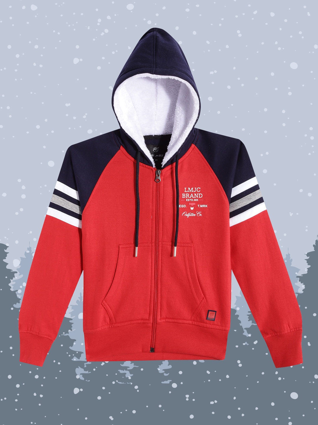 

Little Marco Boys Red & Navy Blue Colourblocked Hooded Sweatshirt