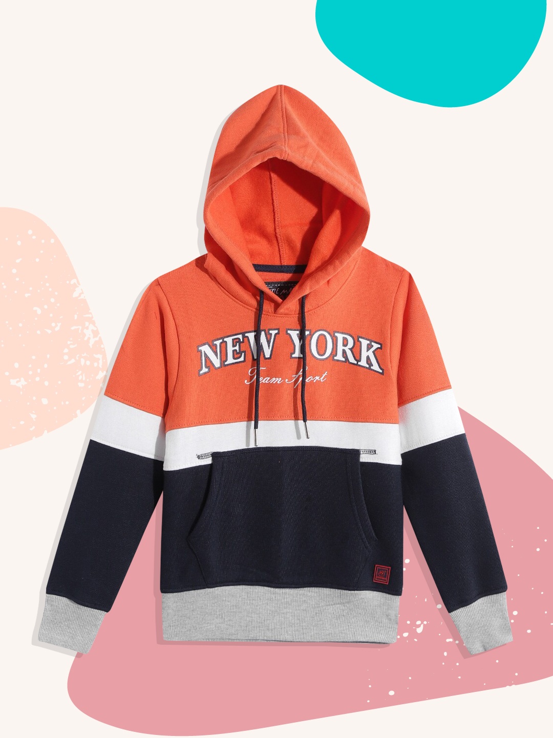 

Little Marco Boys Orange & Navy Blue Colourblocked Hooded Sweatshirt with Printed Detail