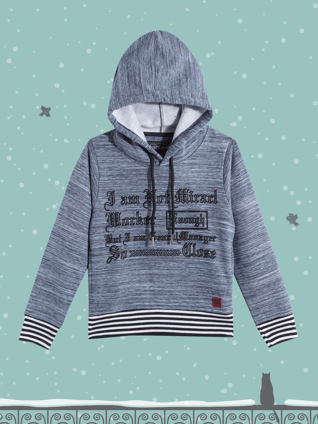 

Little Marco Boys Blue Melange Effect & Black Typography Printed Hooded Sweatshirt