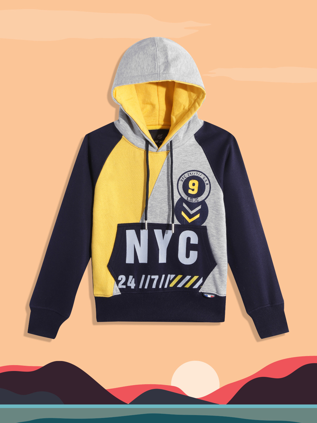 

Little Marco Boys Grey Melange & Yellow Colourblocked & Printed Detail Hood Sweatshirt