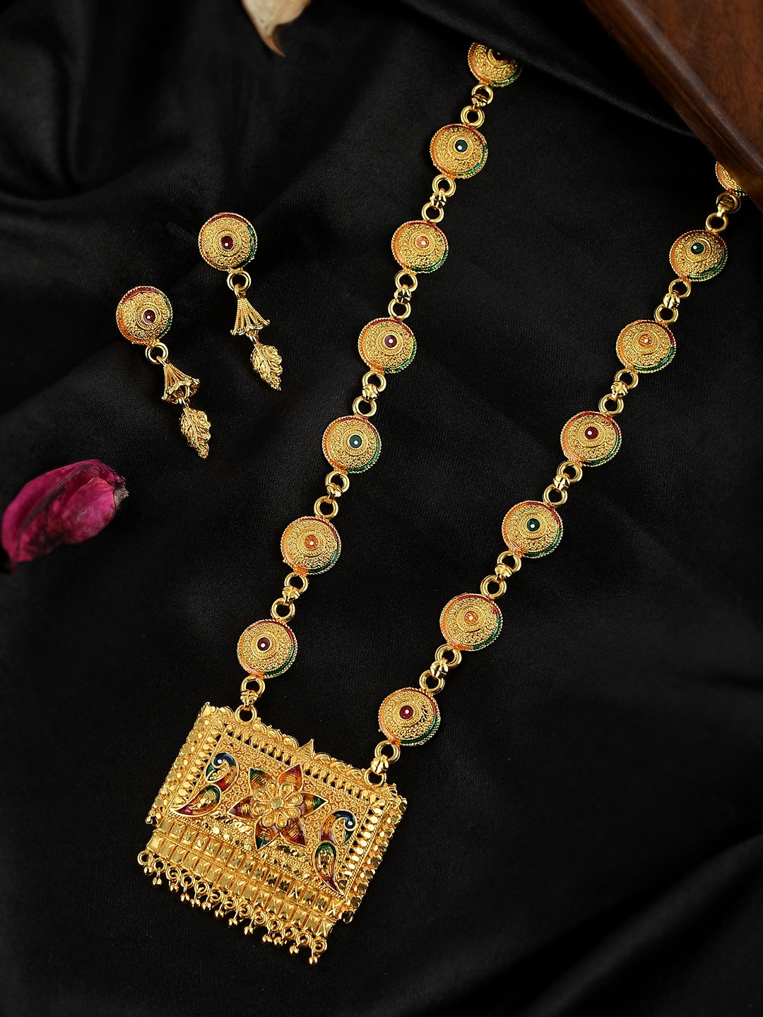

Silvermerc Designs Gold-Plated Green Handcrafted Menakari Jewellery Set