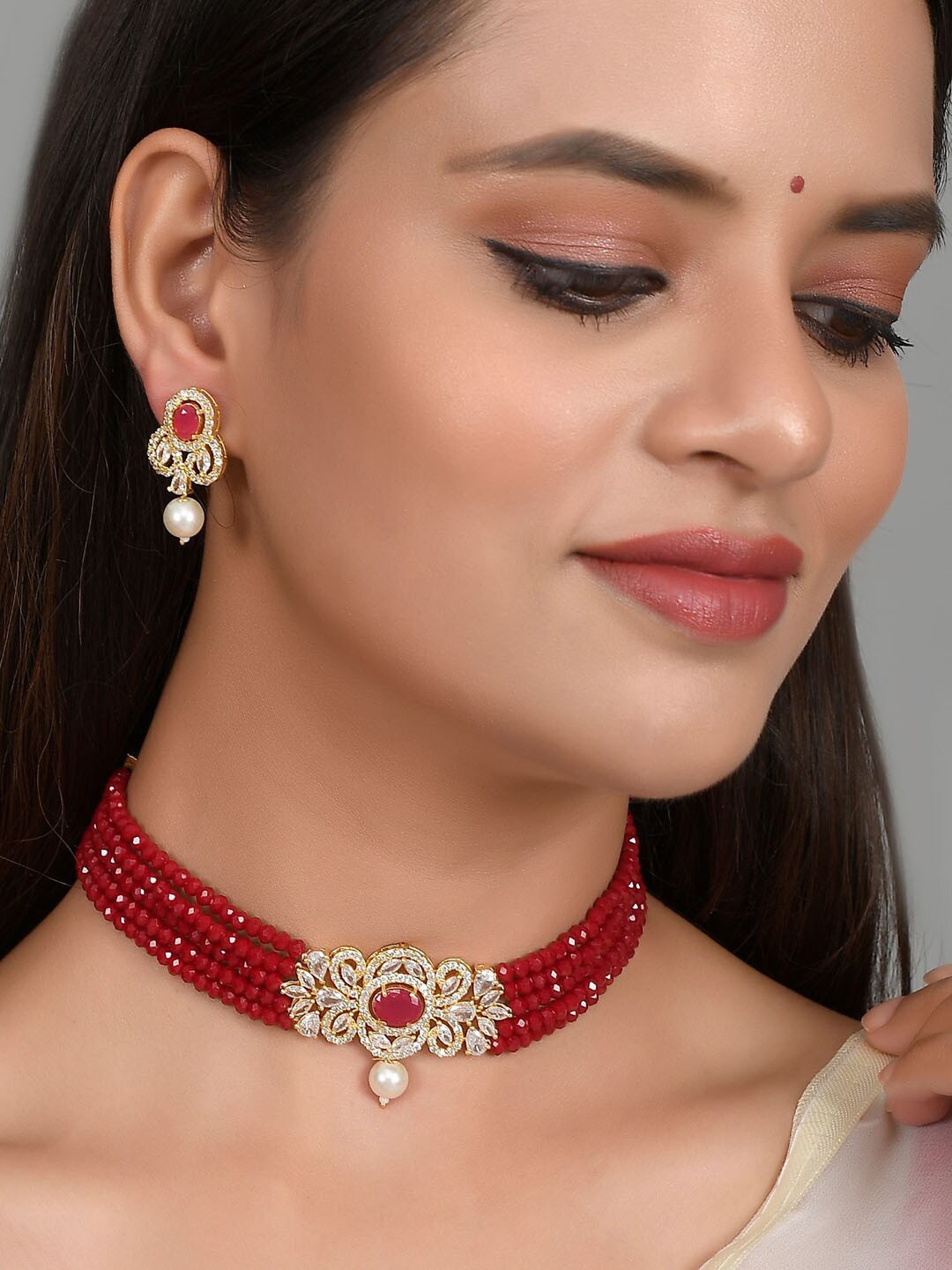 

Silvermerc Designs Gold-Plated Gold AD Studded Layered Choker Jewellery Set