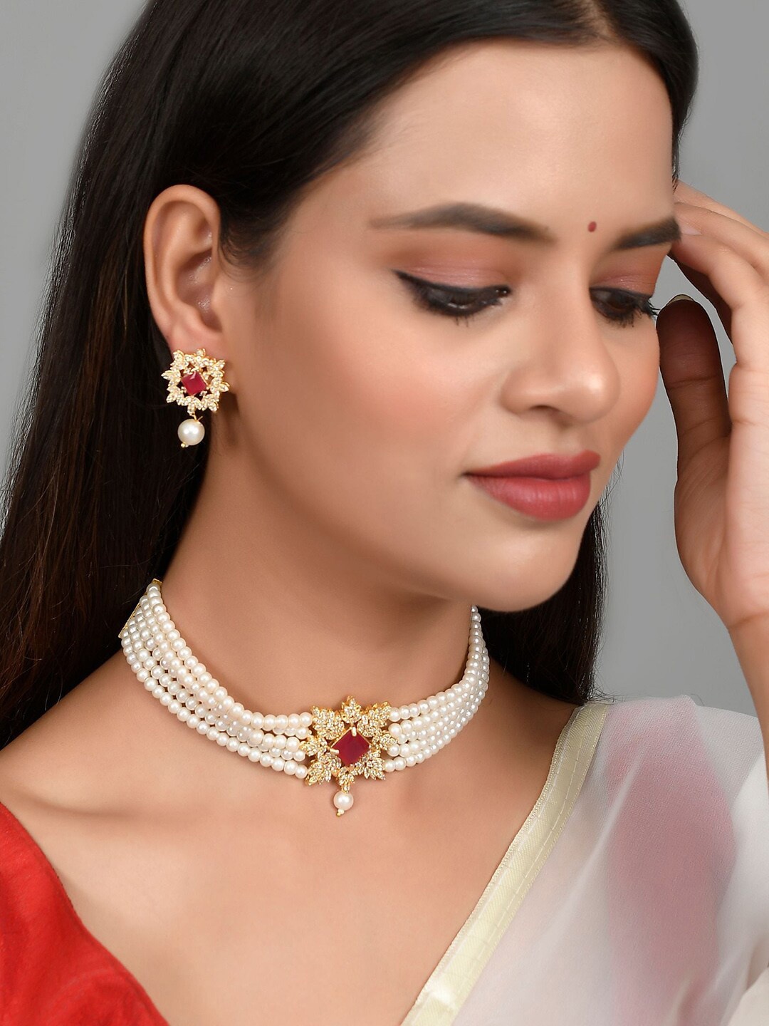 

Silvermerc Designs Gold-Plated Red AD Stone Studded Pearl Beaded Jewellery Set