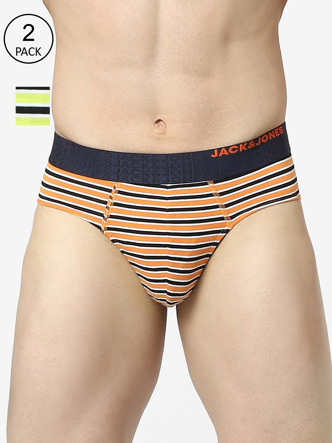 

Jack & Jones Men Pack Of 2 Striped Basic Briefs, Orange