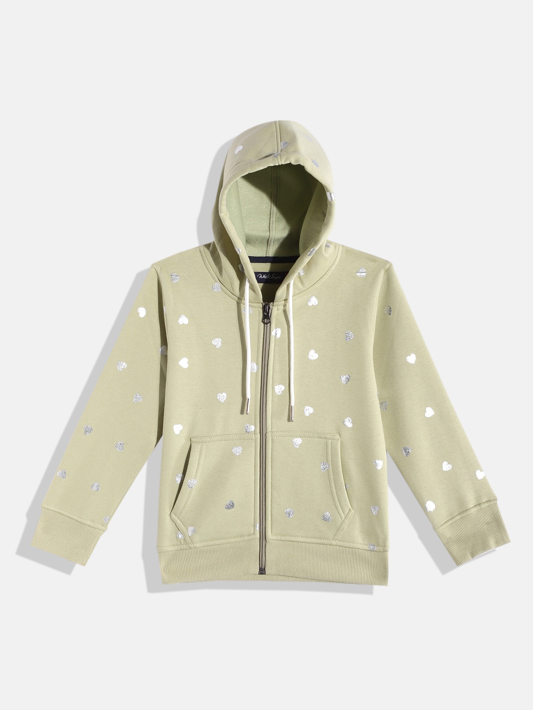 

White Snow Girls Sage Green Heart Print Hooded Sweatshirt