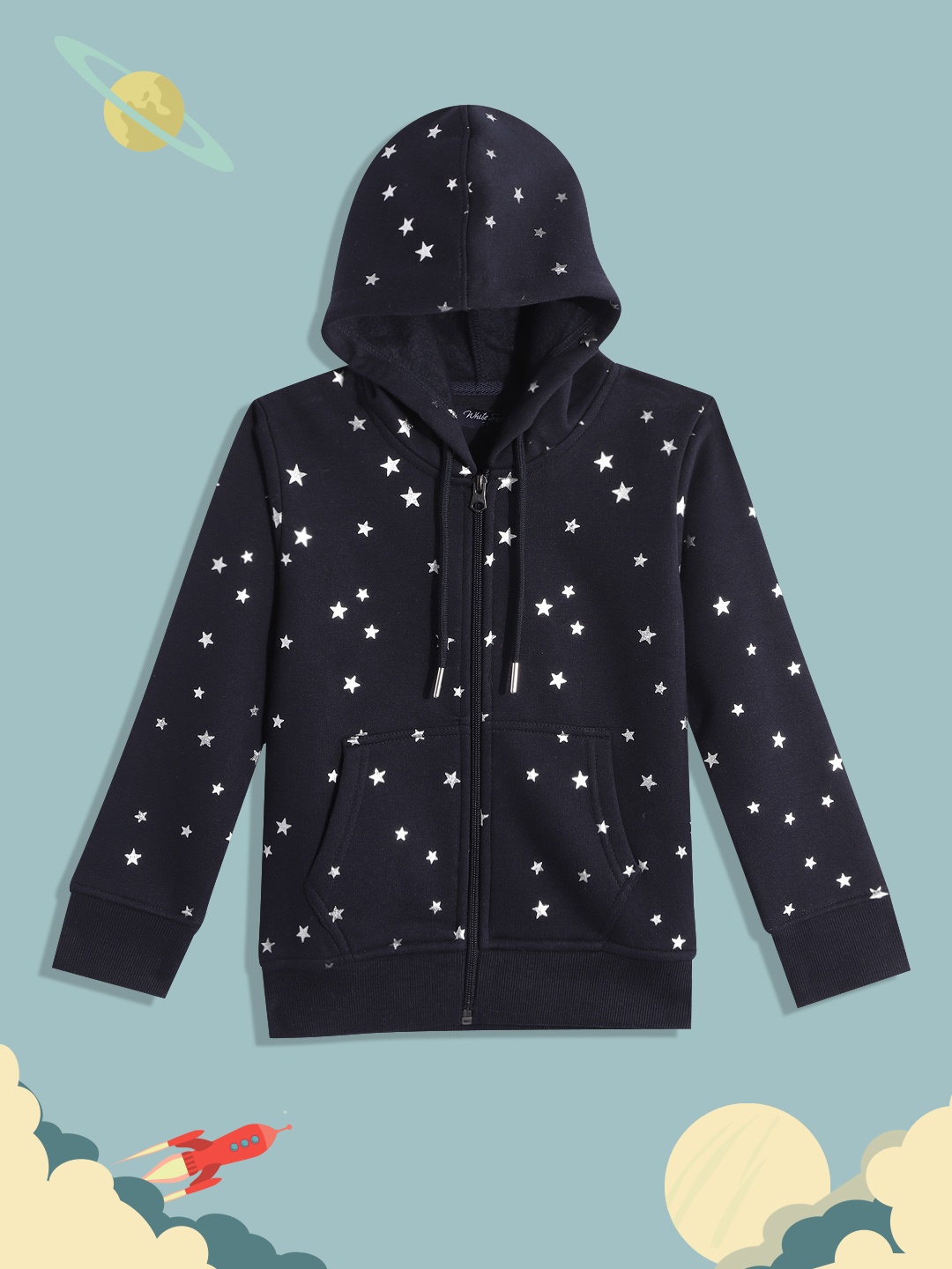 

White Snow Girls Navy Blue & Silver-Toned Star Printed Hooded Sweatshirt